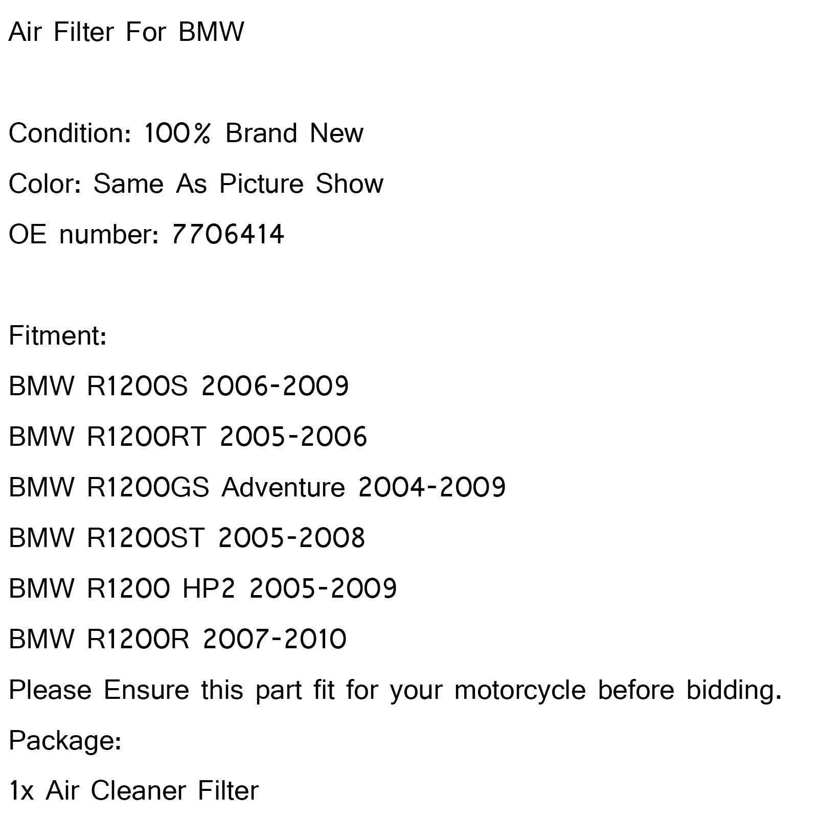 Air Filter Intake Cleaner For BMW R1200GS Adventure 2004-2009 P/N.7706414