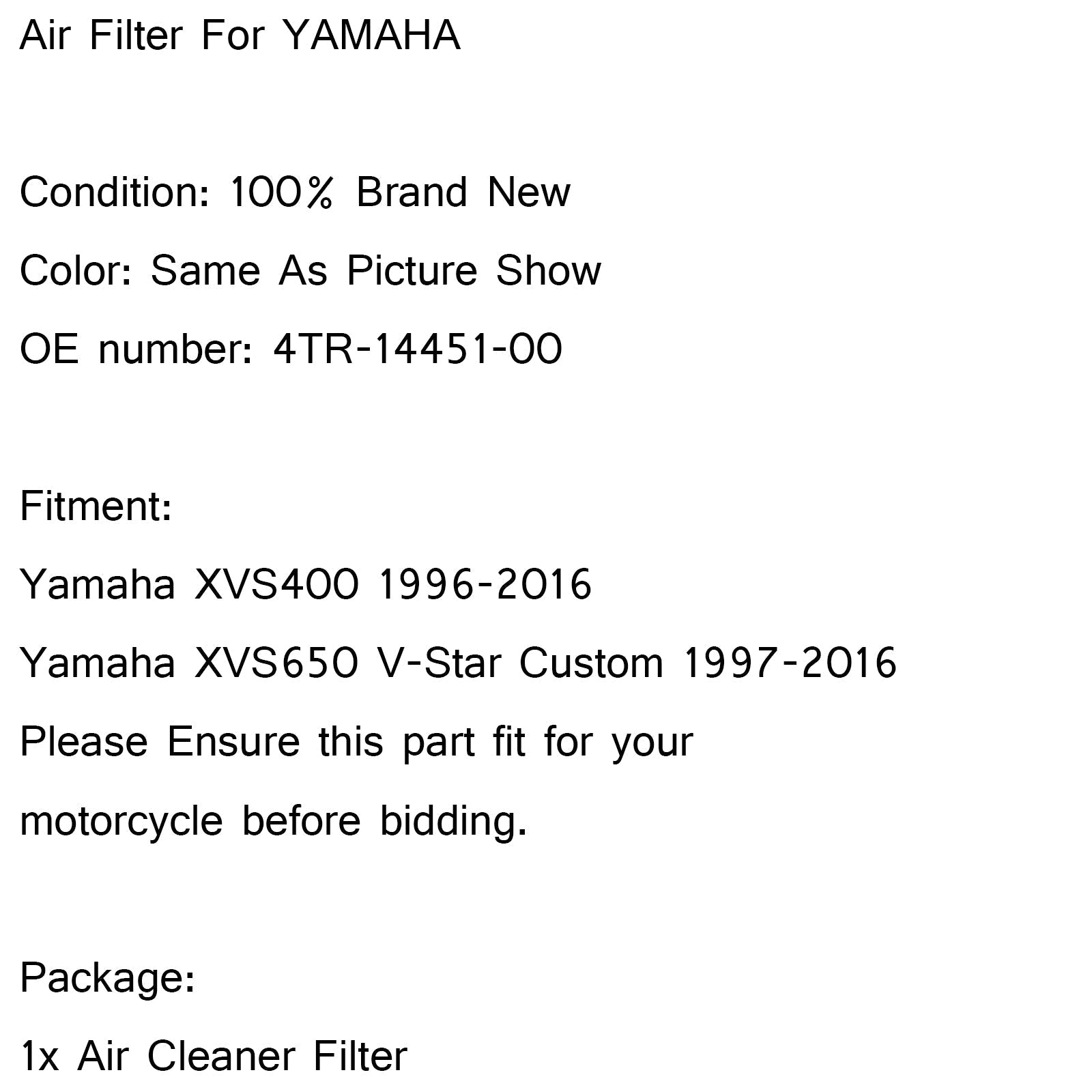 Air Filter Cleaner For Yamaha XVS650 VSTAR V-Star 650 98-16 P/N 4TR-14451-00-00