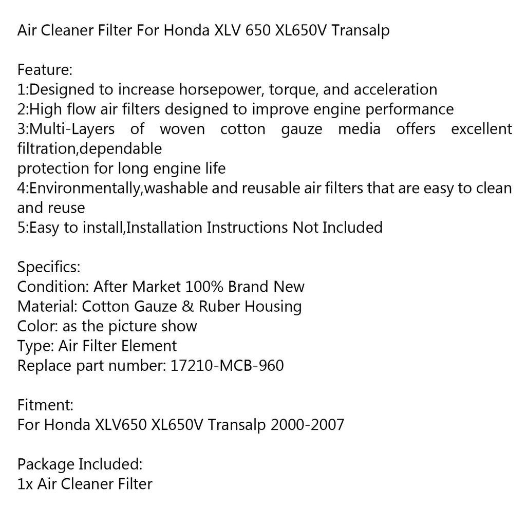 High Flow Air Cleaner For Honda XLV 650 XL650V Transalp 2000-2007