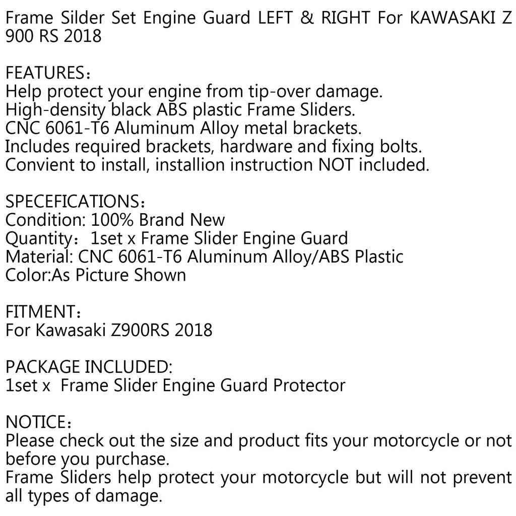 Frame Slider SET Engine Guard Protector LEFT & RIGHT For 2018 Kawasaki Z 900 RS