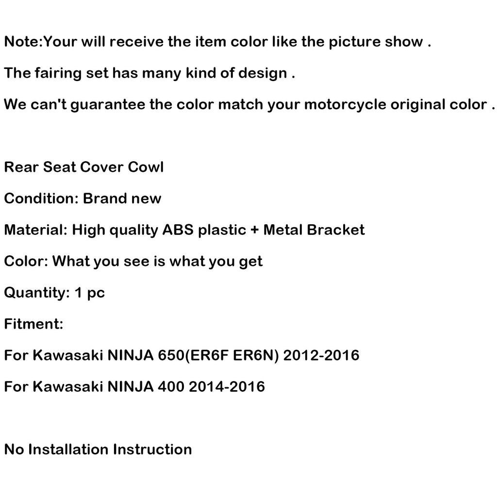 Rear Pillion Passenger Seat Cover Cowl For Kawkasaki NINJA 650 ER6F ER6N 400