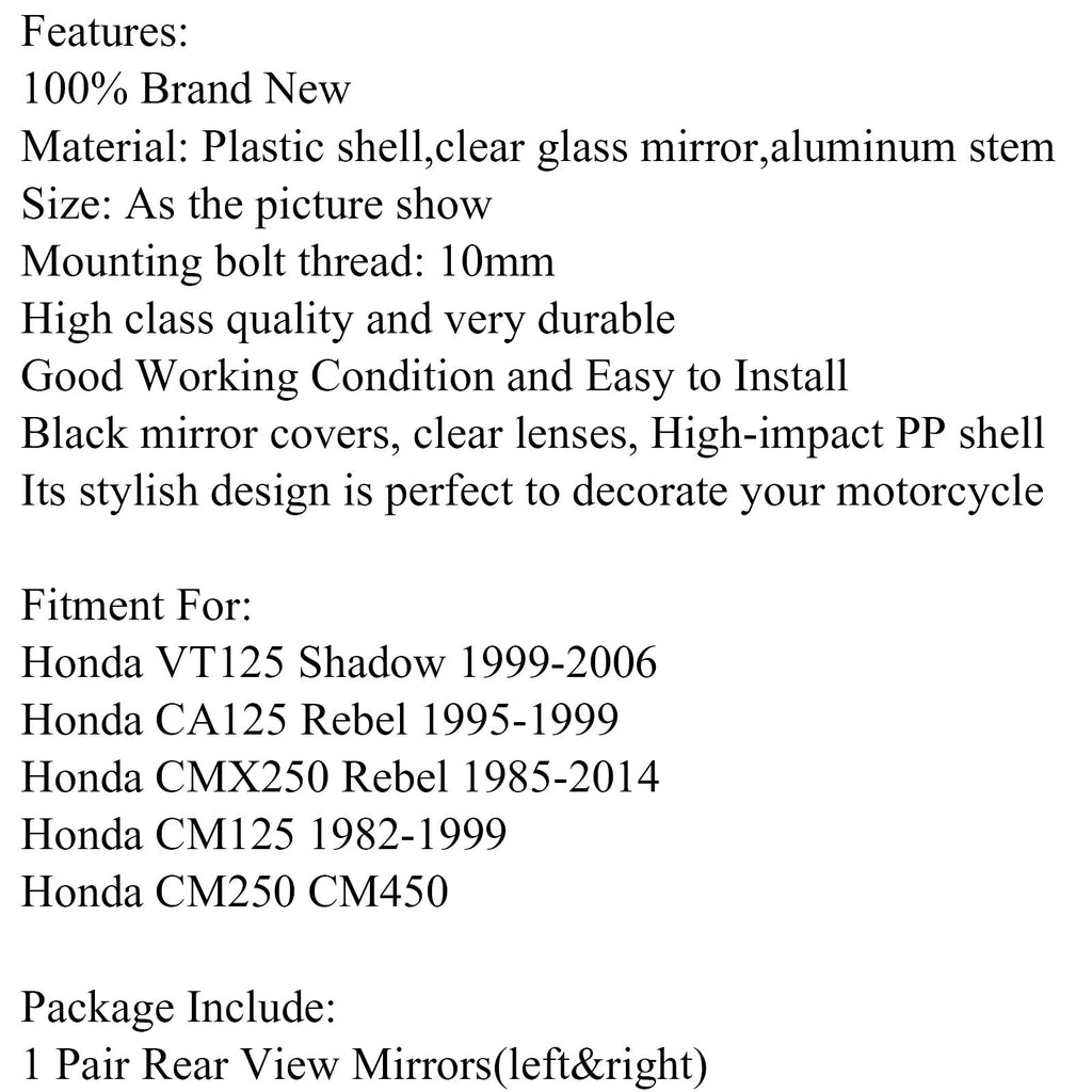 Pair Motorcycle Rearview Mirror For Honda CA125 CMX250 Rebel CM125 VT125 Shadow