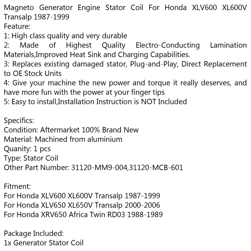 Generator Stator Coil For Honda XLV600 XL600V Transalp (87-99) XL650V Transalp