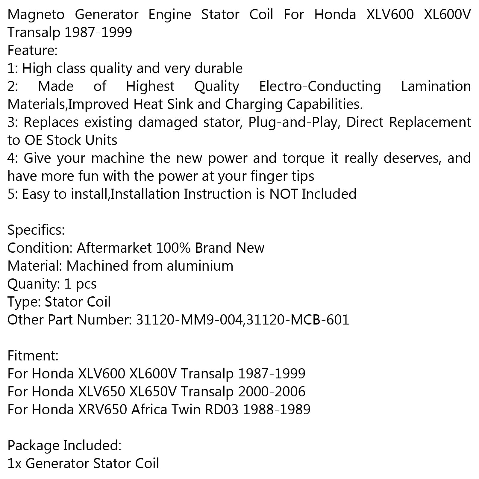Generator Stator Coil For Honda XLV600 XL600V Transalp (87-99) XL650V Transalp