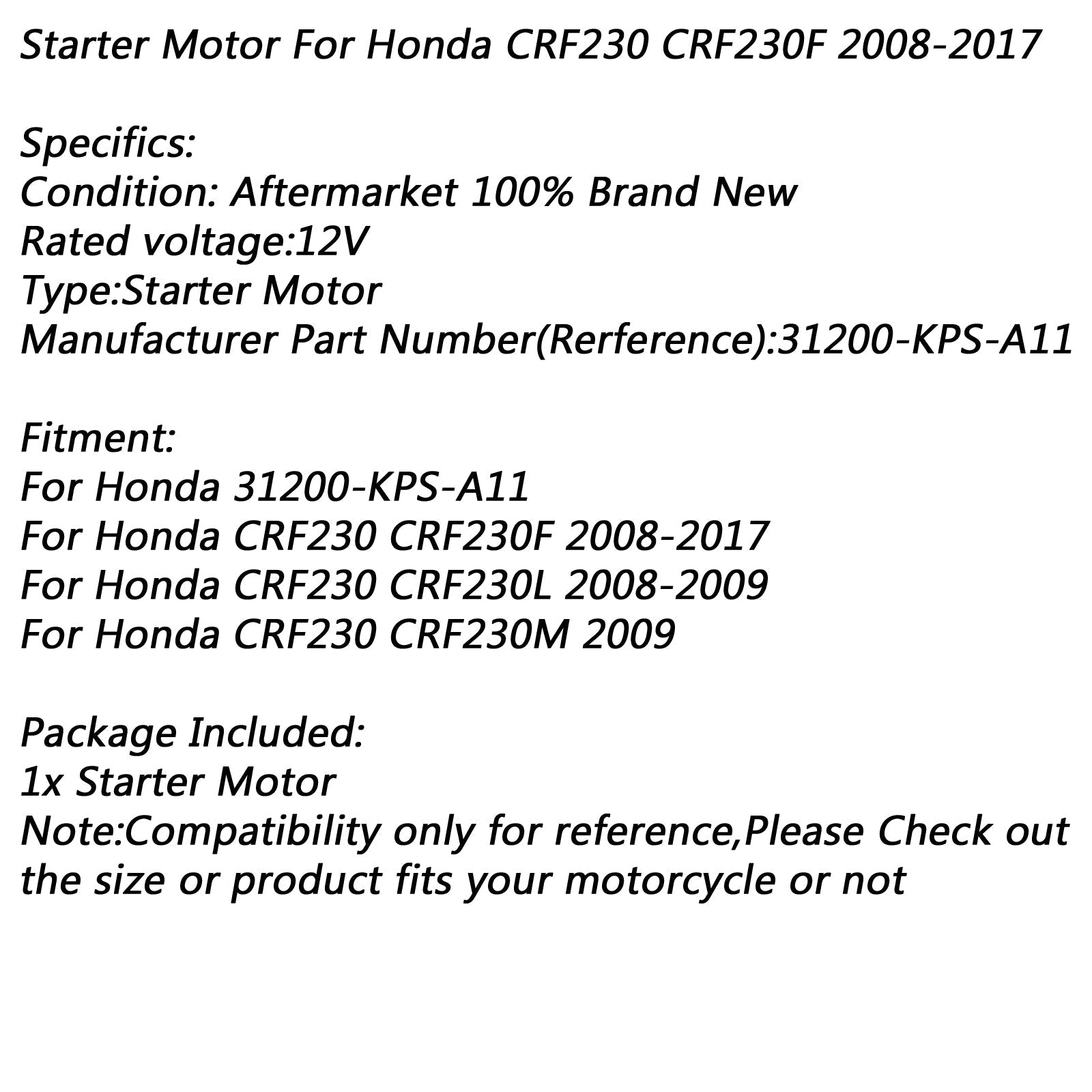 Electric Starter Motor for Honda CRF230 CRF230F 08-17 CRF230L 08-09 CRF230M 2009
