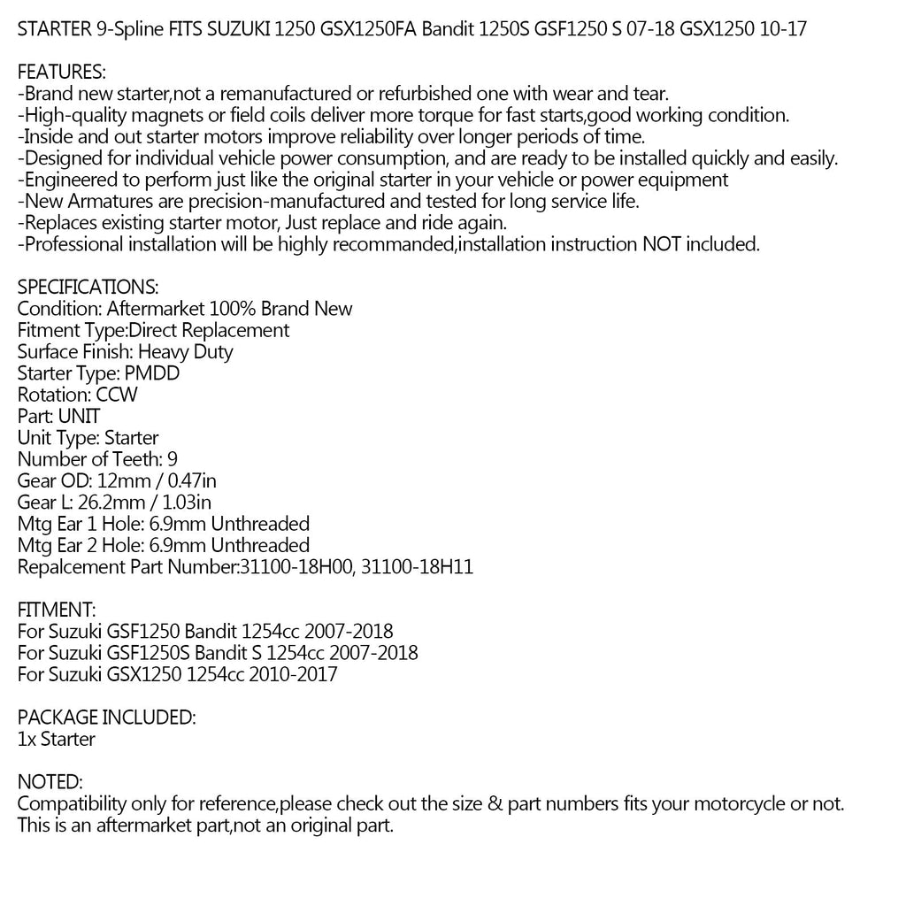 Starter Motor For Suzuki GSF1250 Bandit 1250S 07-18 GSX1250 10-17 31100-18H00