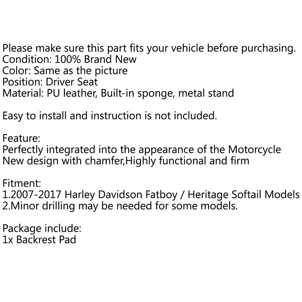 Driver Seat Rider Backrest Pad For 07-17 Harley Fatboy FLSTF Heritage Softail