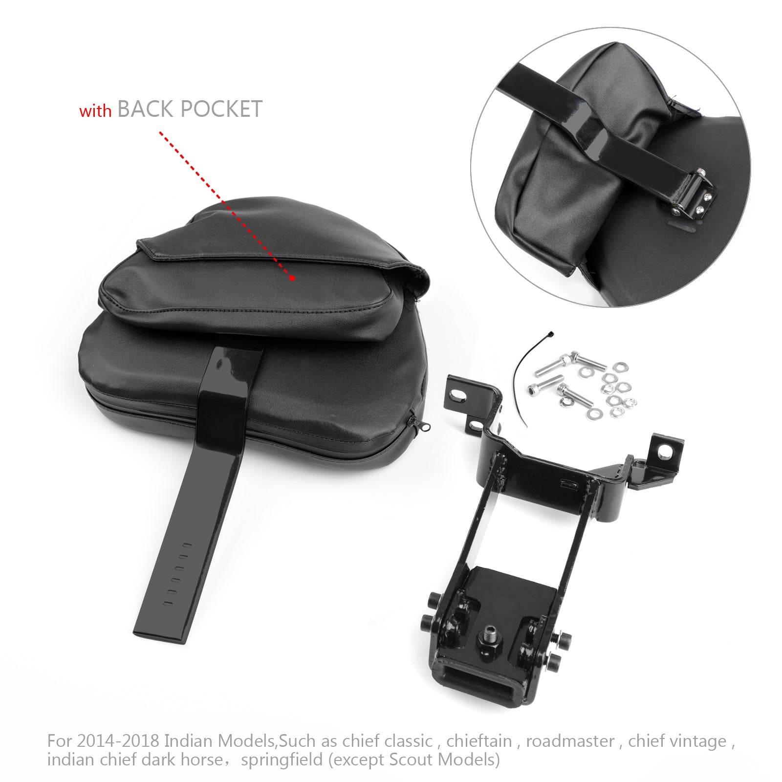 Plug-In Driver Backrest + Mounting Kit For Indian Chieftain Roadmaster 14-23 BLK