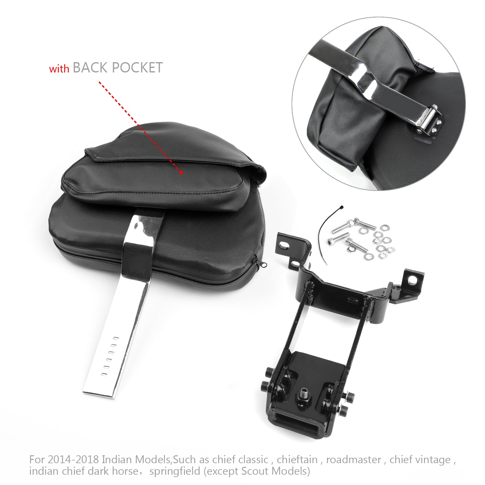 Plug-In Driver Backrest + Mounting Kit For Indian Chieftain Roadmaster 14-23 BLK