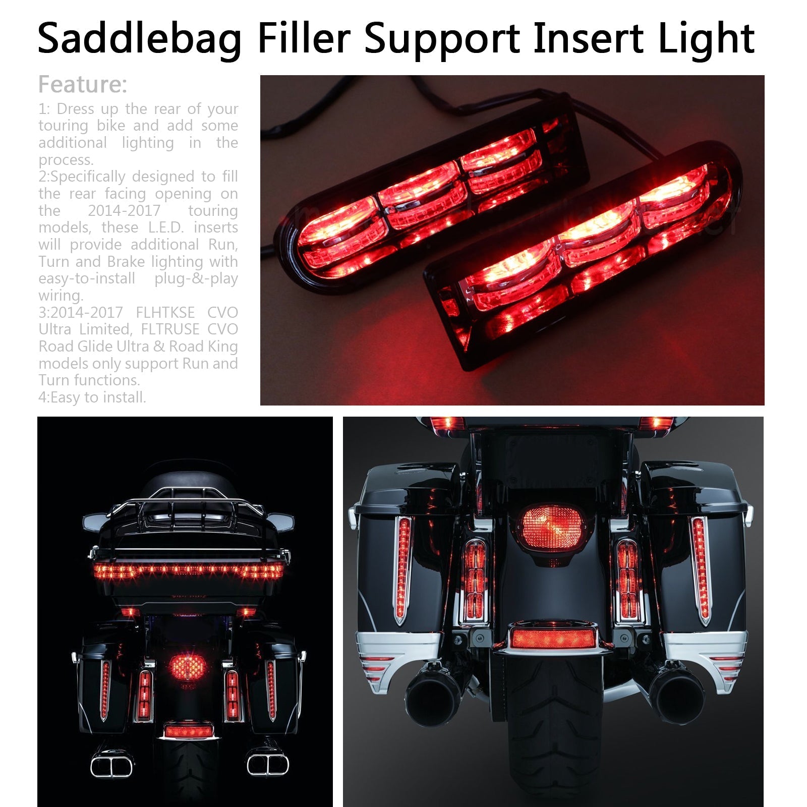 LED Inserts Saddlebag Filler Support Lights For Harley Touring Electra Glide