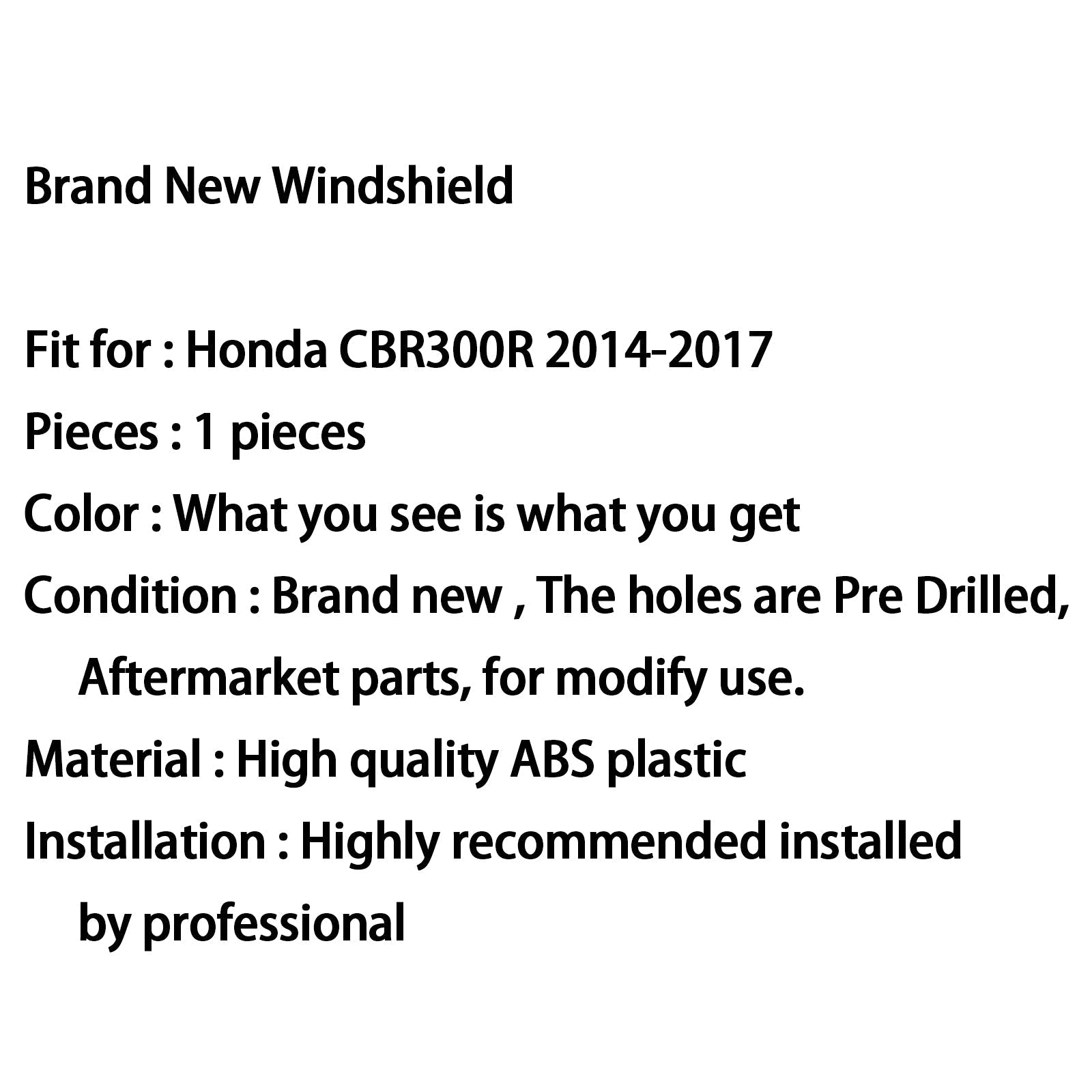 New Moto ABS Plastic Windshield Windscreen For Honda CBR300R 2014-2017