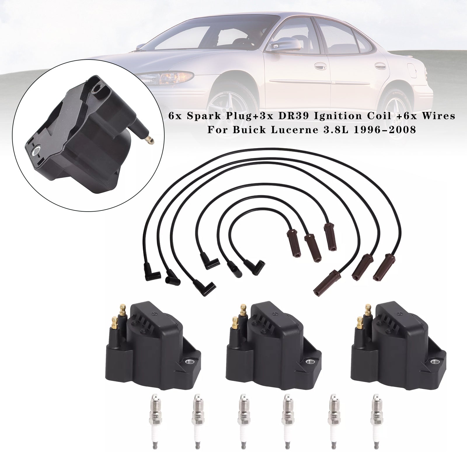 6x Spark Plug+3x DR39 Ignition Coil +6x Wires For Buick Lucerne 3.8L 96-08