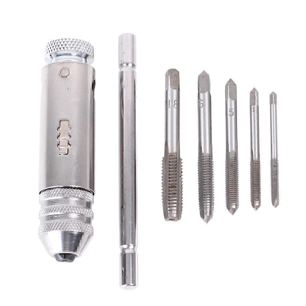 1pcs M3-M8 T-Handle Ratchet Tap Wrench Machinist Tool With 5Pcs Screw Thread Tap