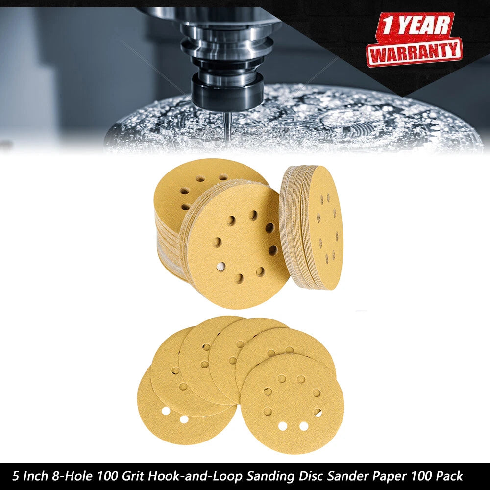 100 Pack 5 Inch 8-Hole Hook-and-Loop Sanding Discs 100 Grit