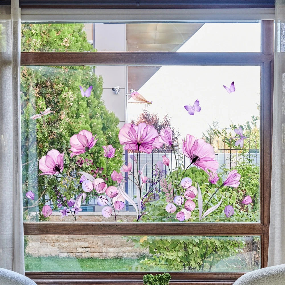 Static Window Sticker for Universal Use (11.81 x 23.62 in) - Purple Flowers & Butterflies