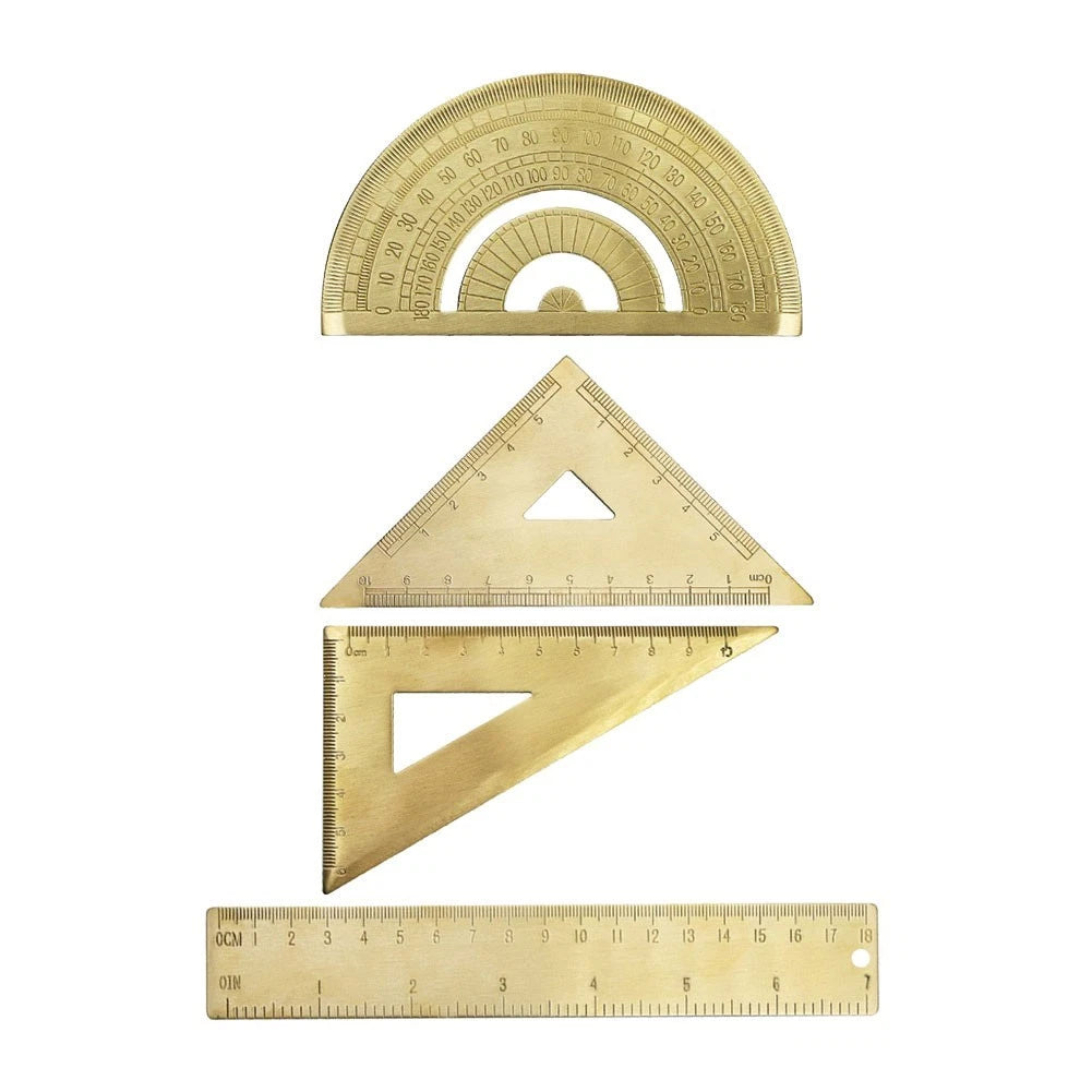 Set of 2 Golden Brass Rulers with Isosceles & Right Angle Triangle Protractor