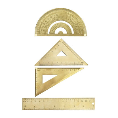 Set of 2 Golden Brass Rulers with Isosceles & Right Angle Triangle Protractor