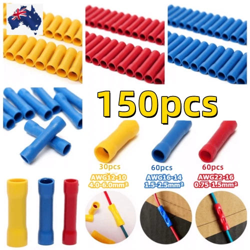 150PCS Insulated Straight Butt Wire Connectors Crimp Terminals