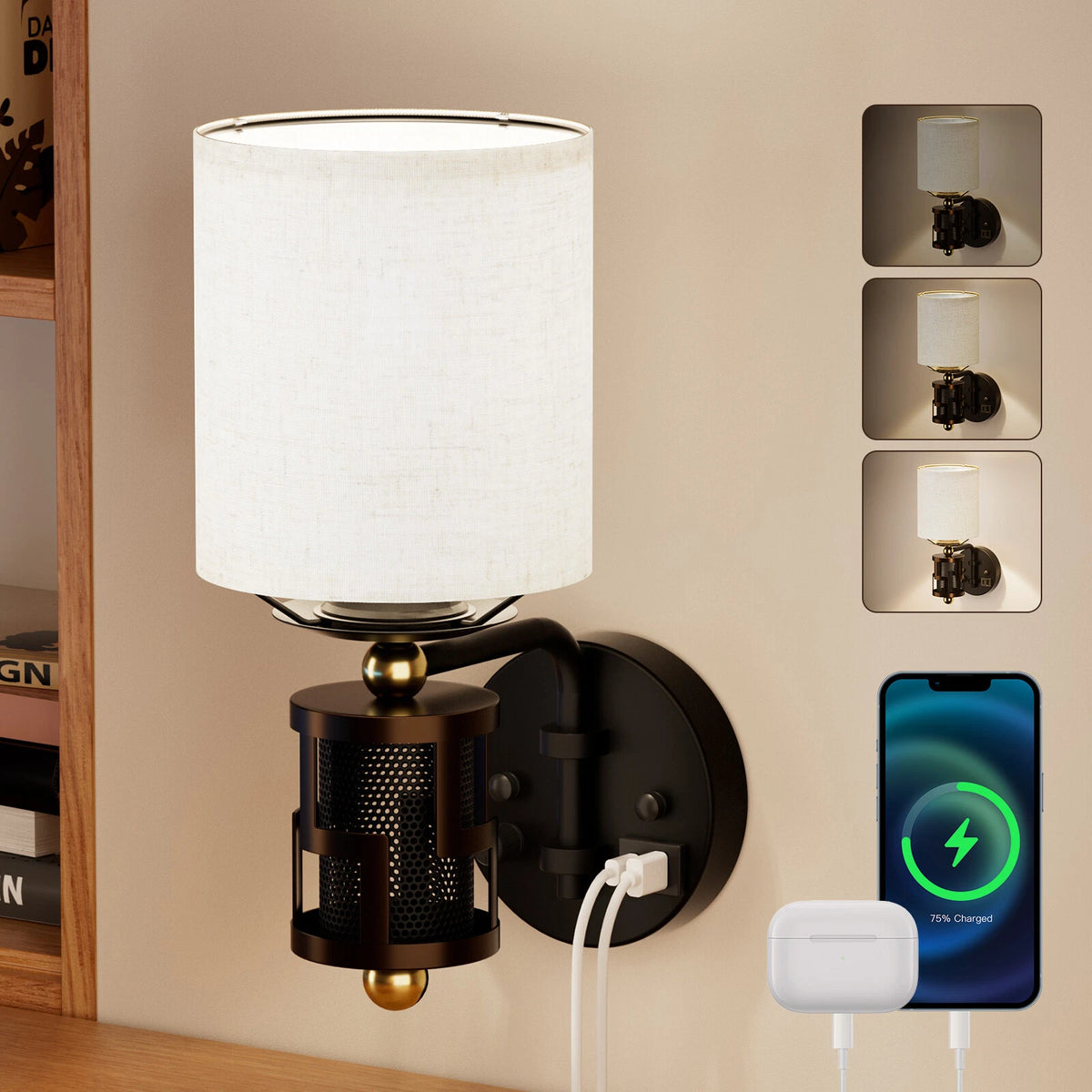 Dimmable Wall Sconce for HYMELA Vintage (Charge Port, Bronze)
