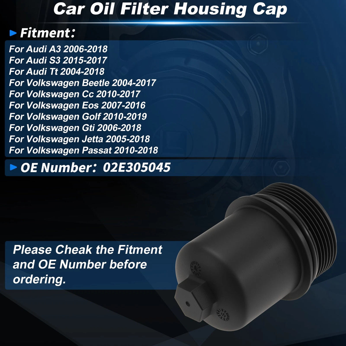 Car Oil Filter Housing Cap for Audi A3 (2006–2018) 02E305045 Plastic Black