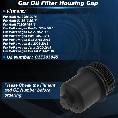 Car Oil Filter Housing Cap for Audi A3 (2006–2018) 02E305045 Plastic Black