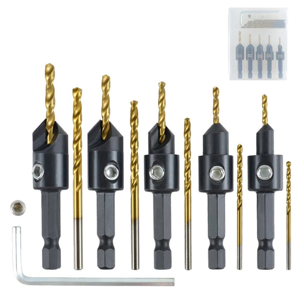 12 Piece Titanium Coated Drill Bit Set for Woodworking Countersink Tasks