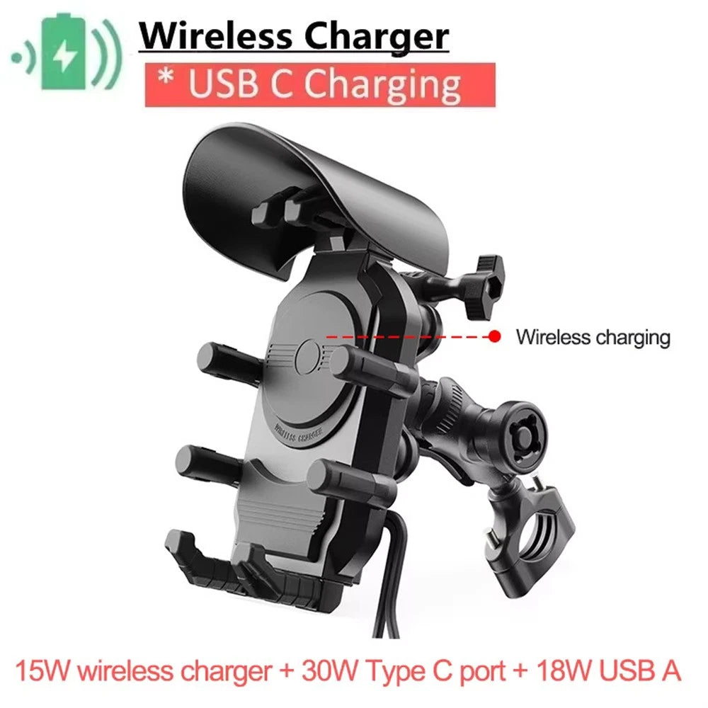 15W Fast Wireless Charger Shockproof Motorcycle Phone Holder with 18W USB & 30W