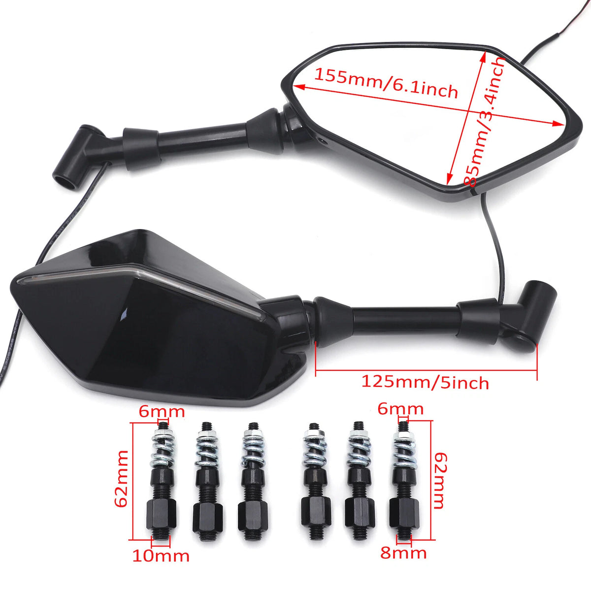 LED Signal Integrated Black Motorcycle Rear View Side Mirrors Universal 10mm 8mm