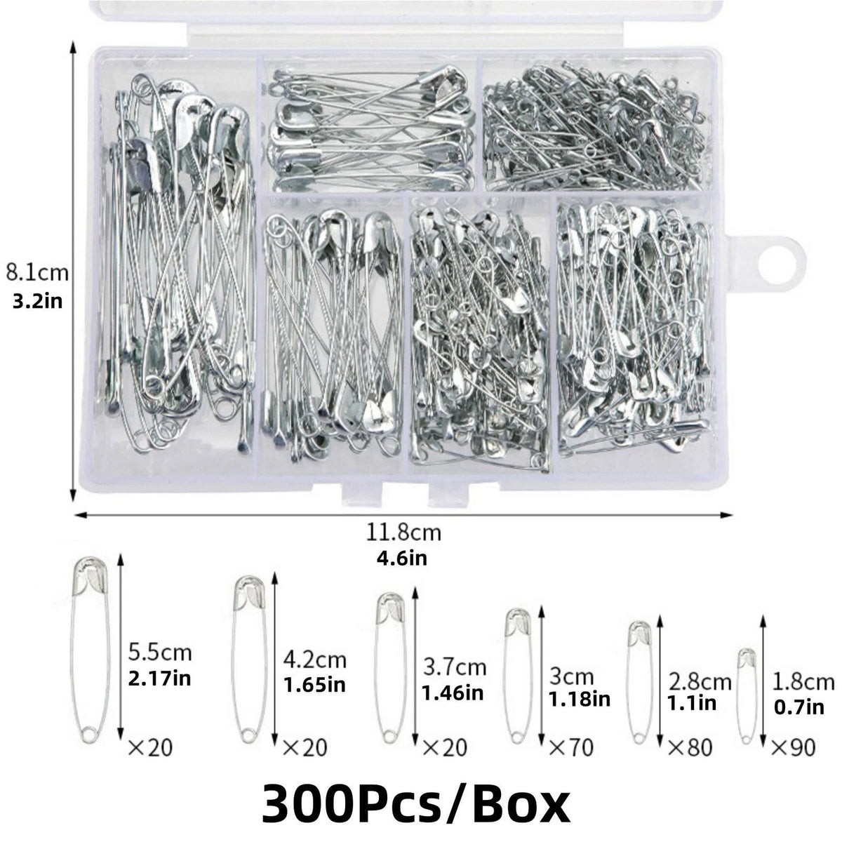 300x Steel Safety Pins Assorted Heavy Duty Nickel Plated
