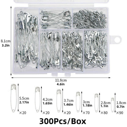 300x Steel Safety Pins Assorted Heavy Duty Nickel Plated
