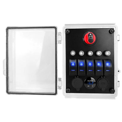 5 Gang Rocker Switch Panel with USB Charger & LED Voltmeter for Universal Use