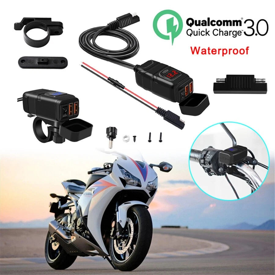 Dual USB Motorcycle Handlebar Charger QC3.0 Fast Charging DC 12V With Voltmeter