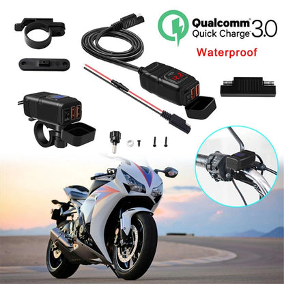 Dual USB Motorcycle Handlebar Charger QC3.0 Fast Charging DC 12V With Voltmeter