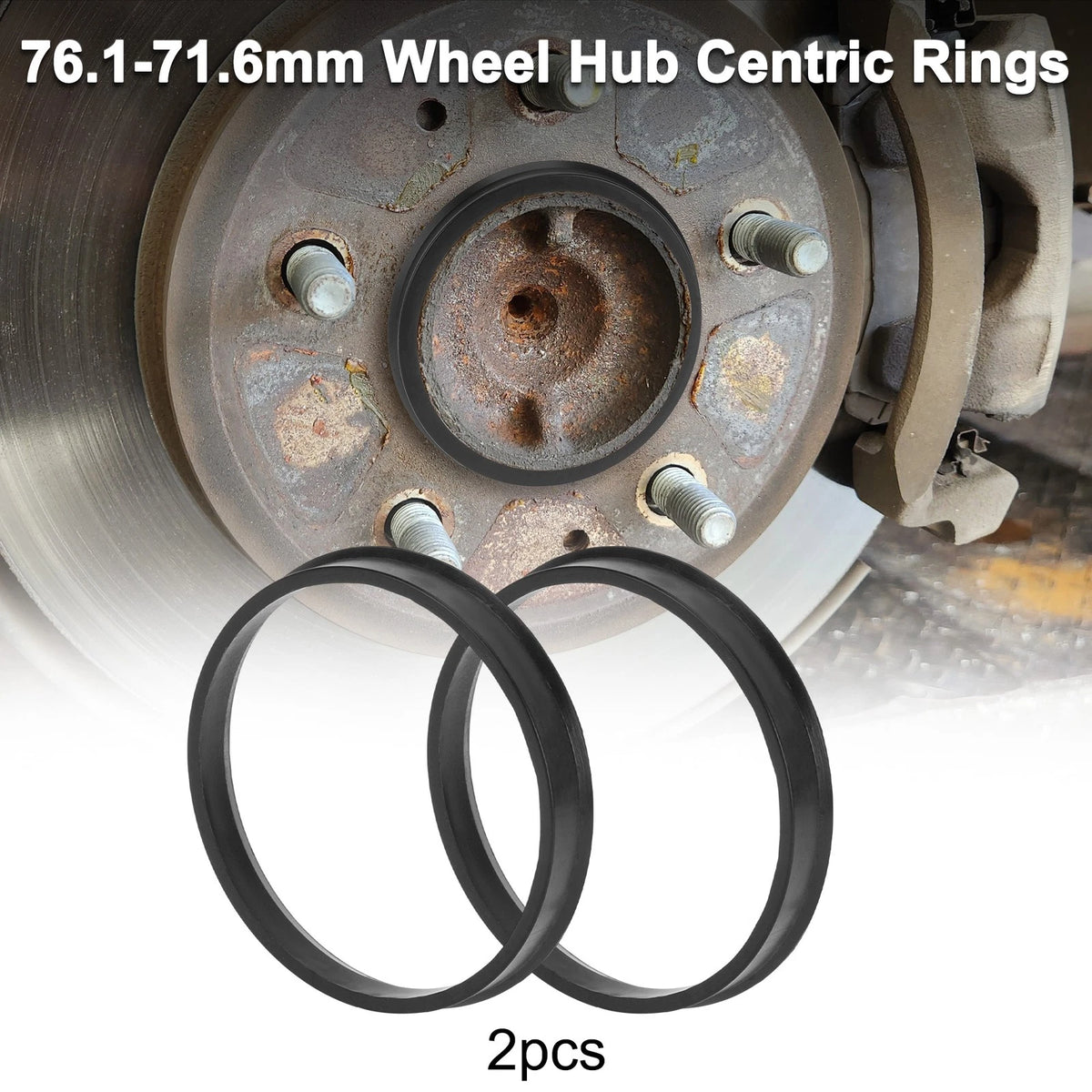 Set of 2 Wheel Hub Centric Rings for Car (OD 76.1mm ID 71.6mm) Black Polycarbonate