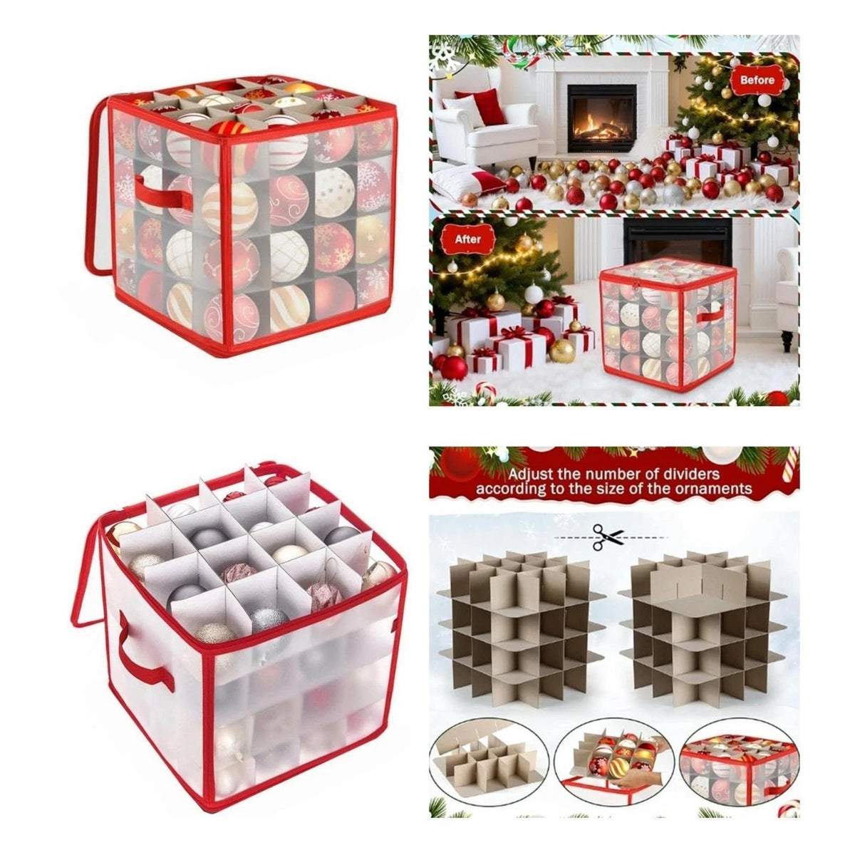 Stackable 4 Layer Ornament Box for Christmas Decorations (64 Count) Red 32x32x3cm