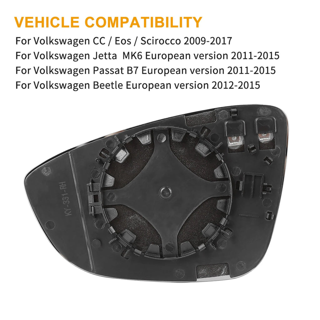 Heated Passenger Side Mirror Glass with Backing Plate for Volkswagen CC Eos (2009–2017)
