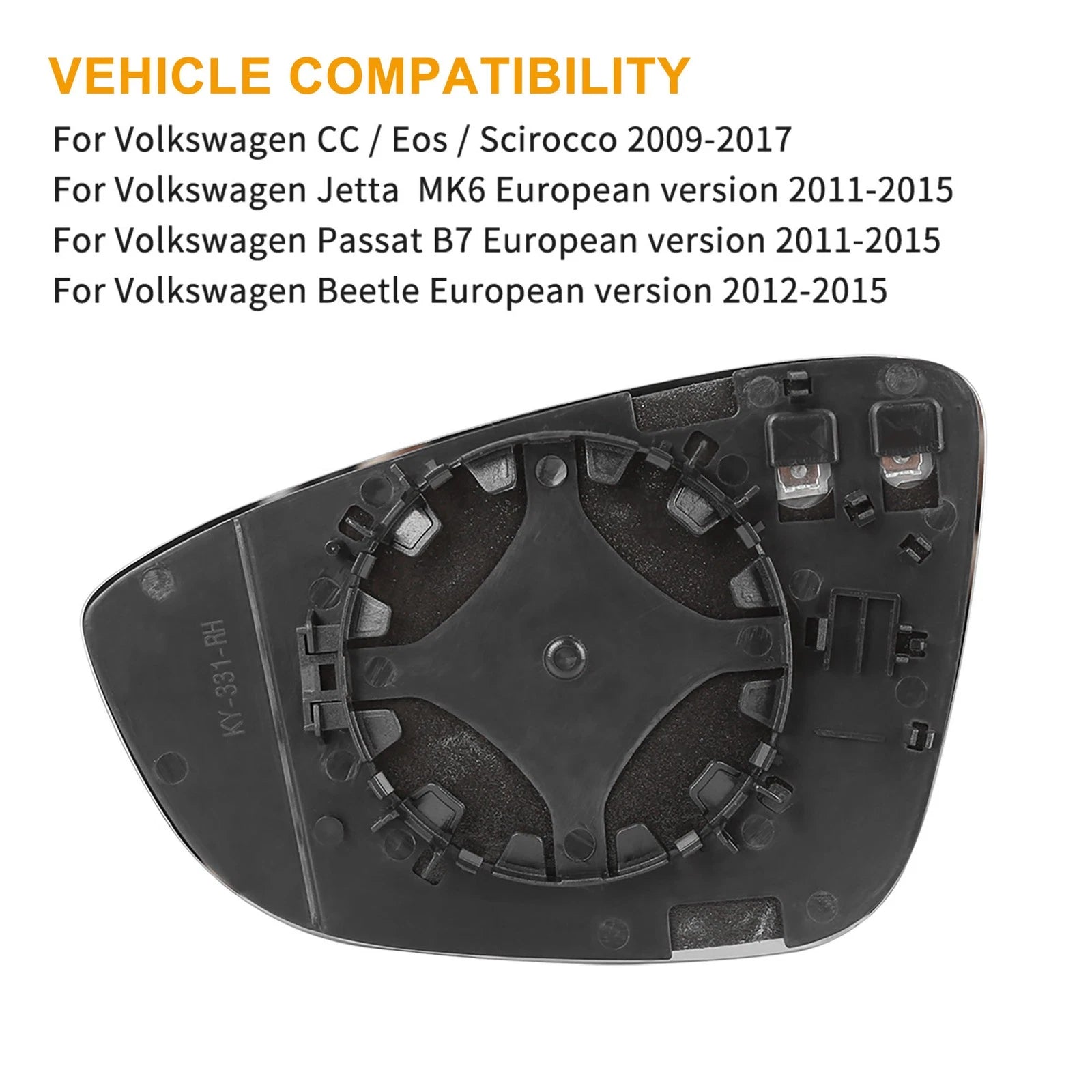 Heated Passenger Side Mirror Glass with Backing Plate for Volkswagen CC Eos (2009–2017)