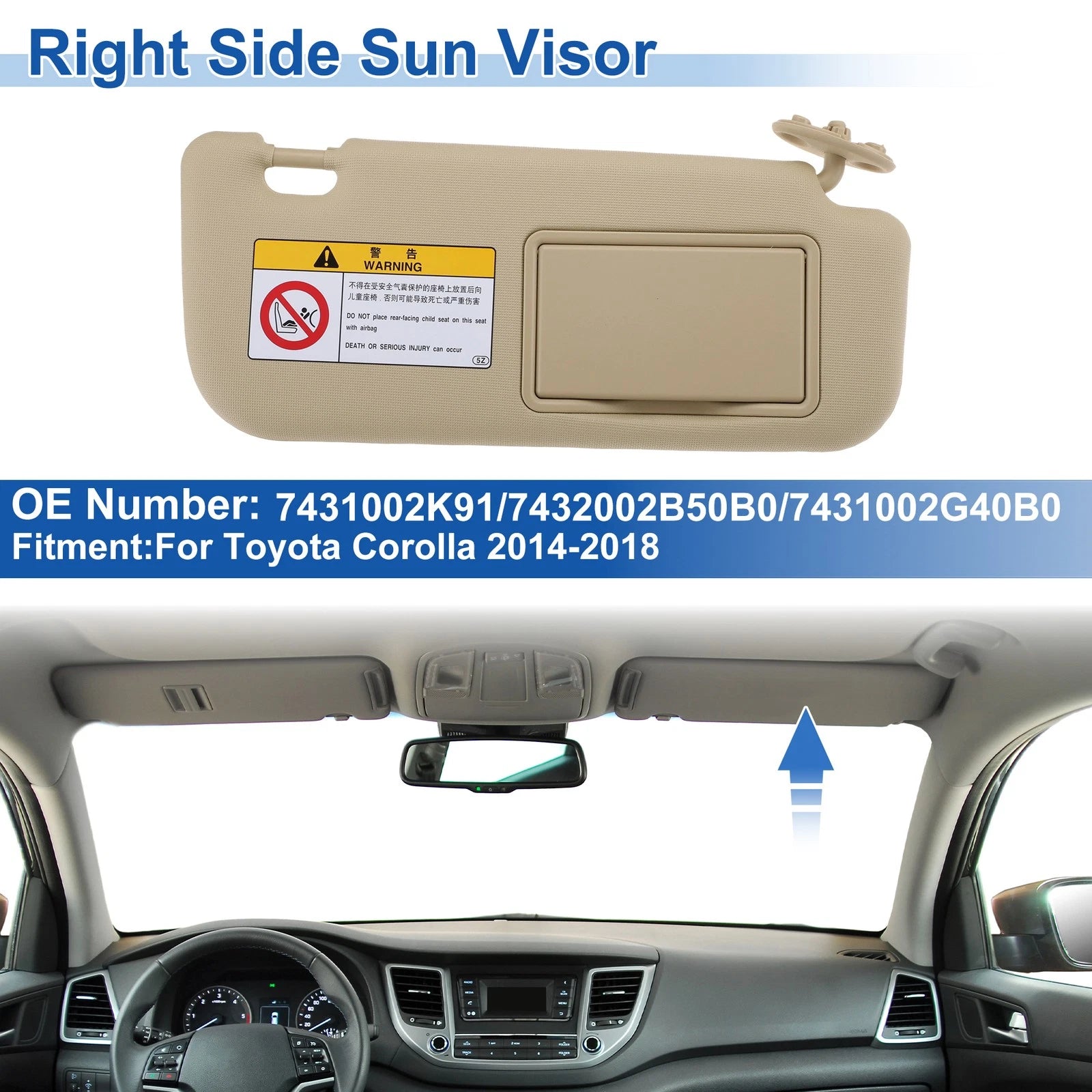 Right Side Sun Visor Replacement for Toyota Corolla (2014–2018) Beige