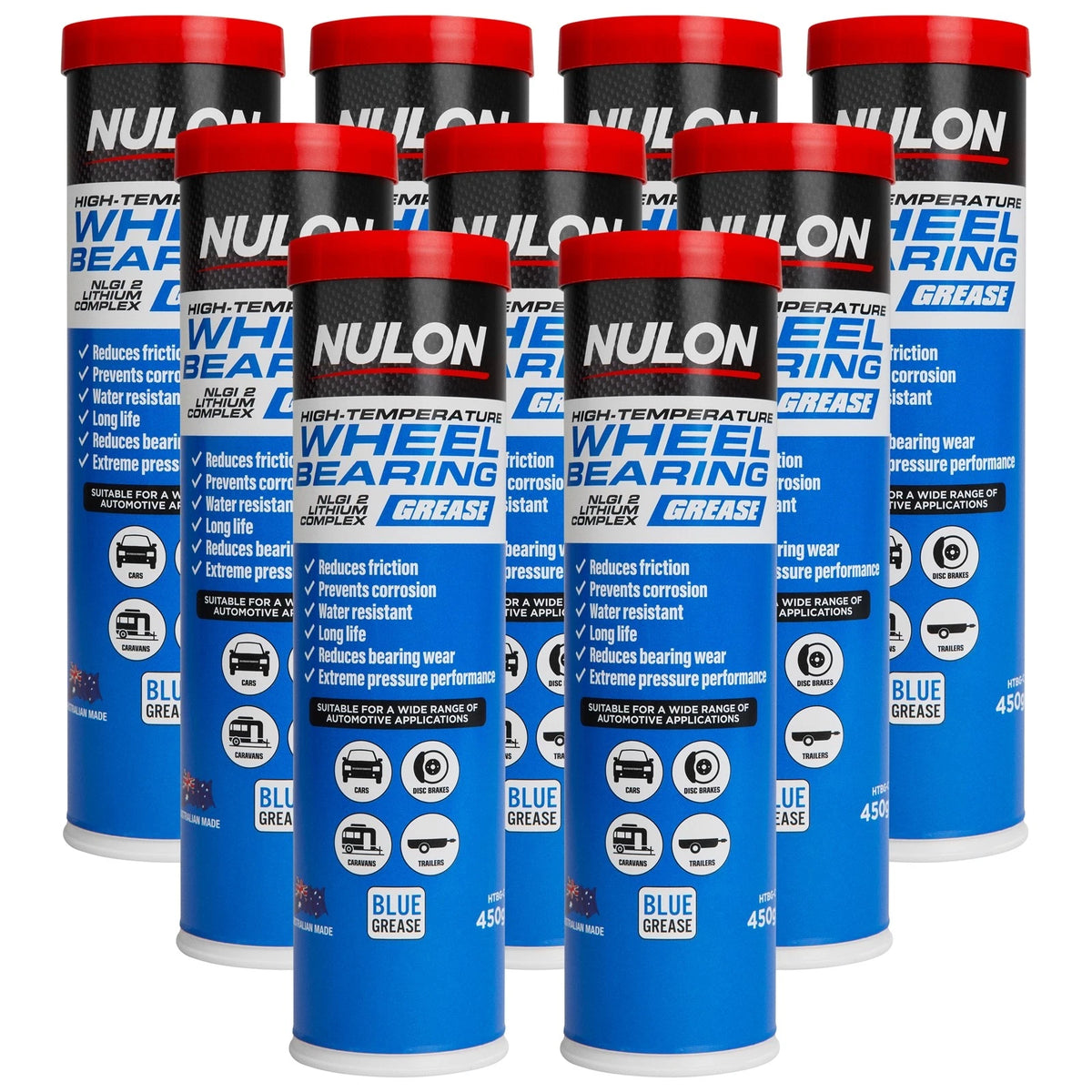 9 x Nulon High-Temp Wheel Bearing Grease NLGI 2 Cartridge 450G