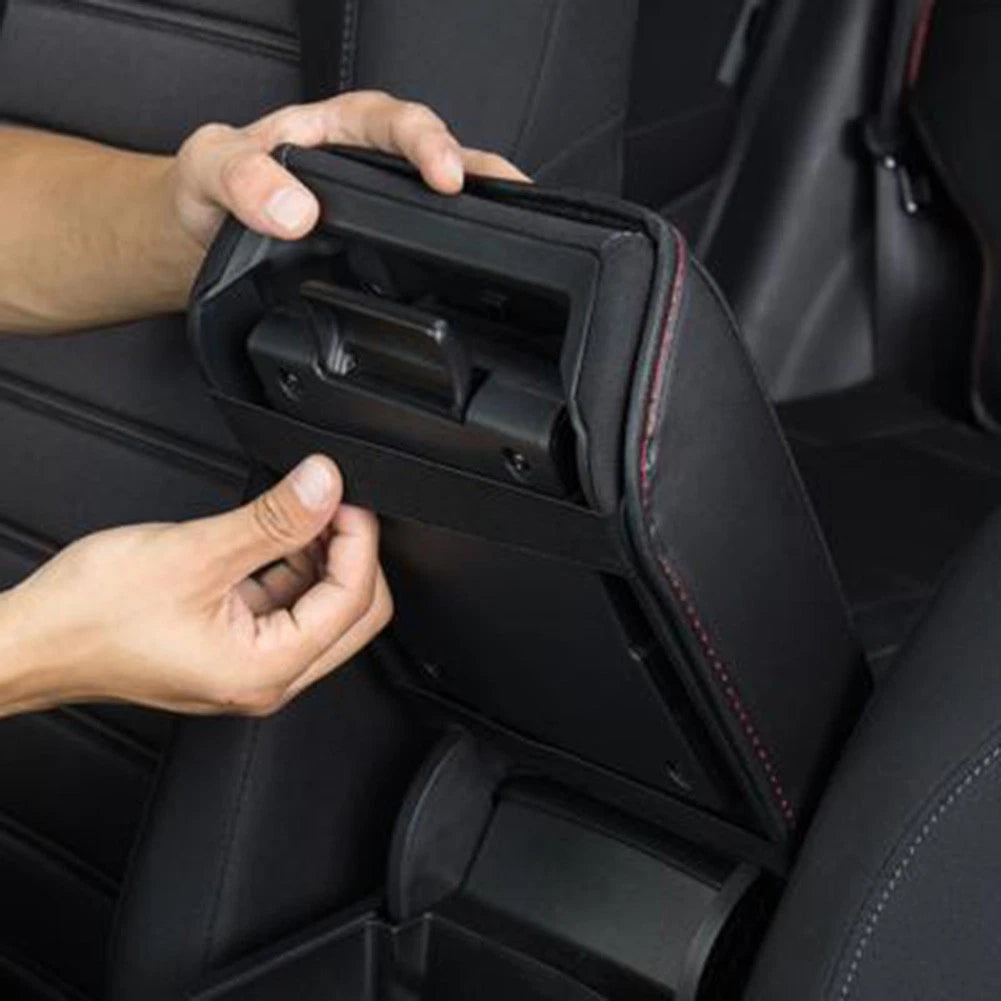 Armrest Box Mats for - Black PU Leather, Red Thread