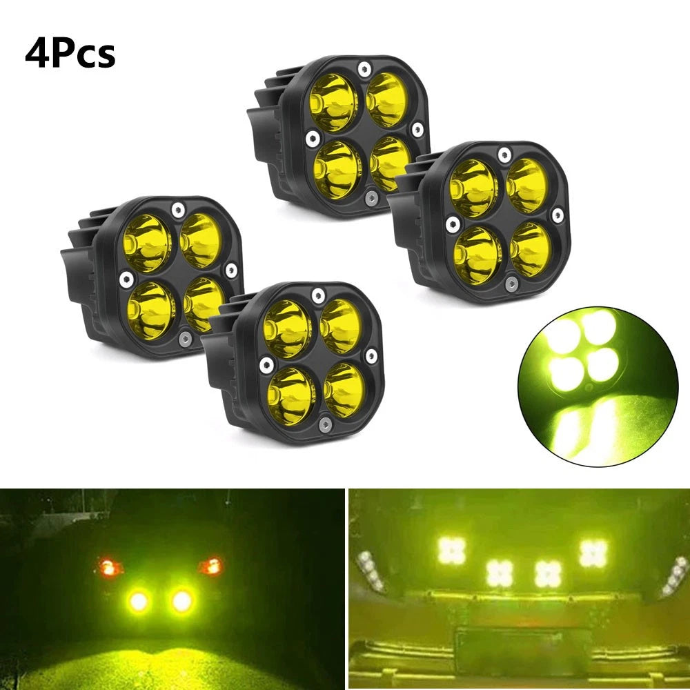 Set of 4 Yellow 3-Inch LED Work Light Cube Pods for Universal Use