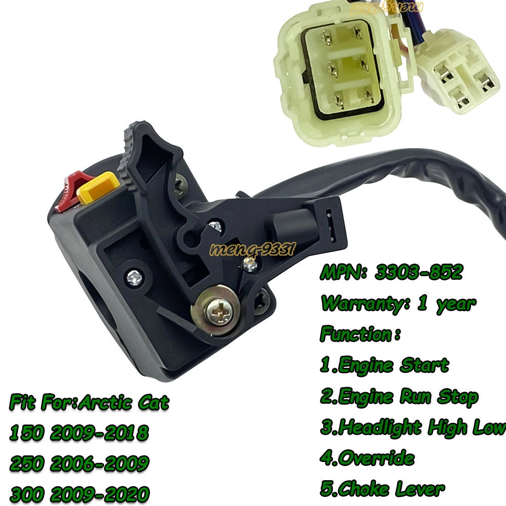Left Handlebar Control Start Stop Headlight Switch for Arctic Cat 150-300 (2000-2023)