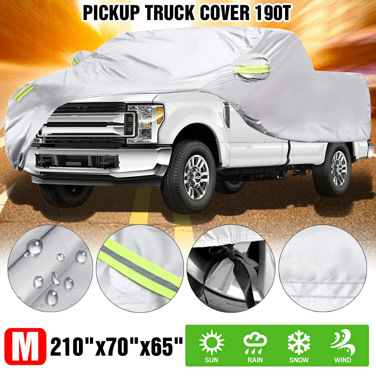 Pickup Truck Cover Waterproof Silver with Reflective Strip Universal