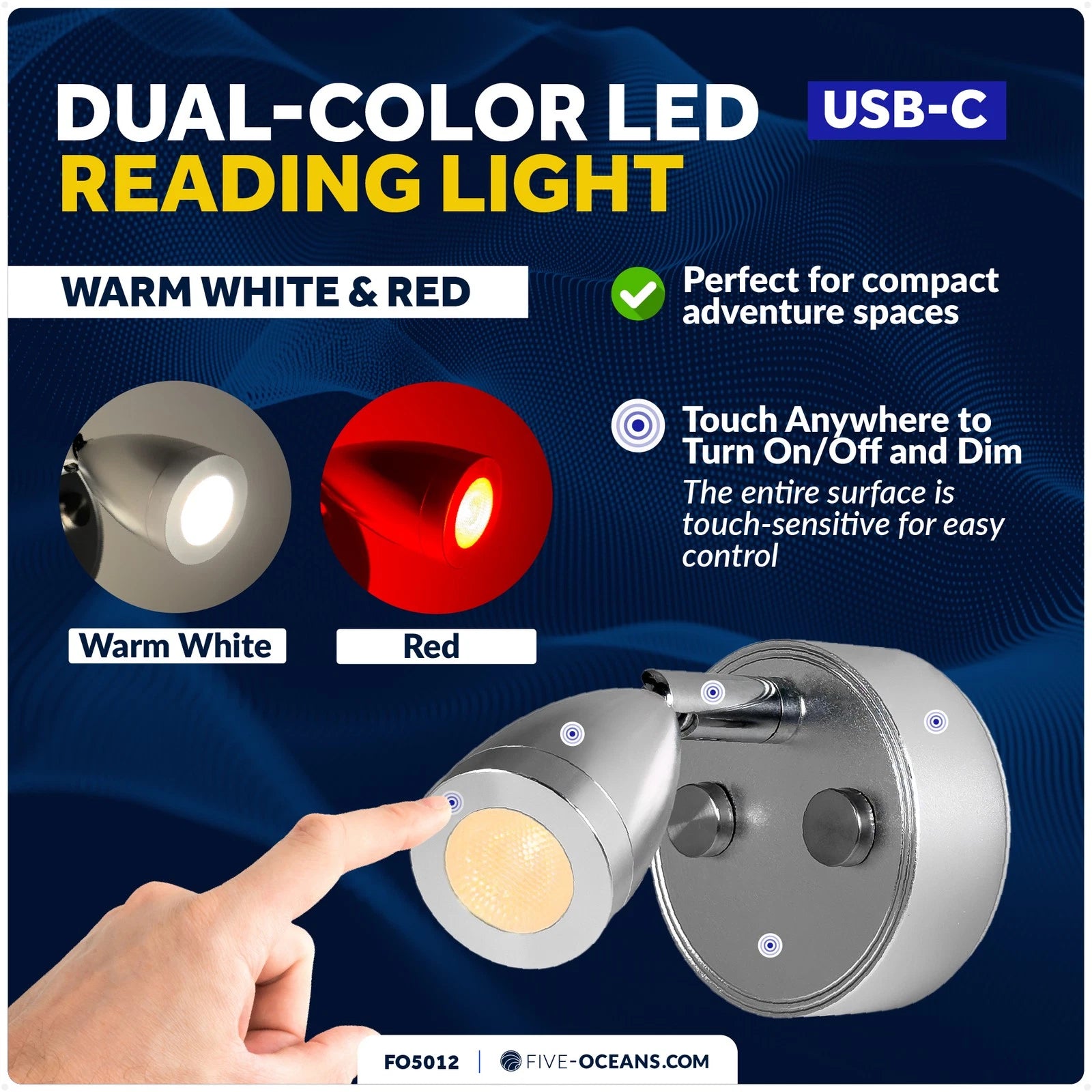 RV LED Reading Light with Touch Dimmer & USB-C Port (12V, Silver)