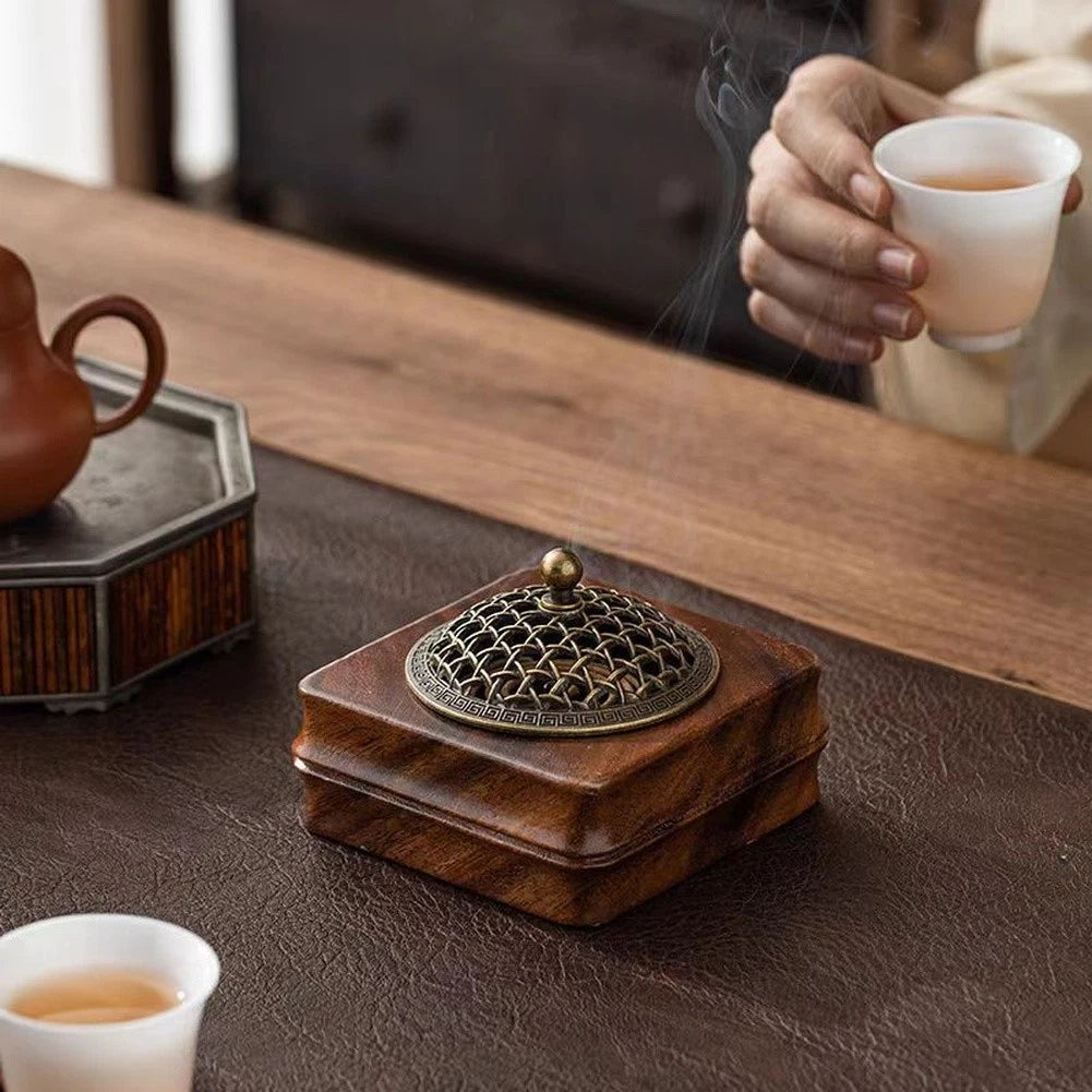 Walnut Wood Incense Burner for Sandalwood Coil (Handmade Cultural Design)