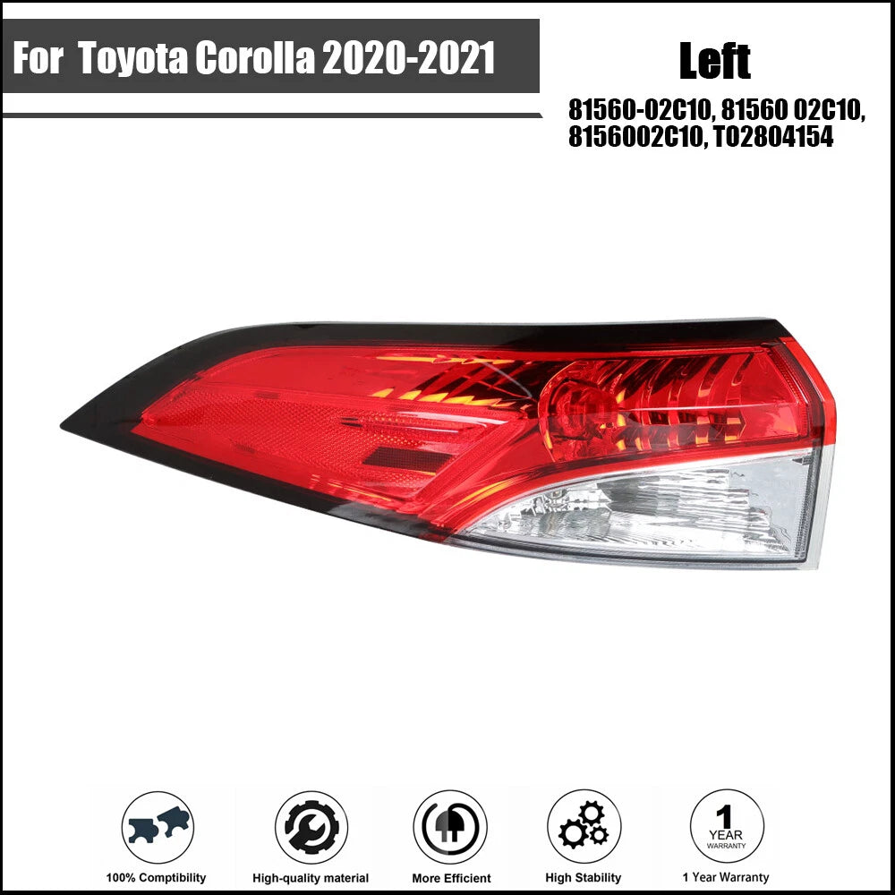 Outer Tail Light Lamp Assembly Halogen for Toyota Corolla (2020–2021)