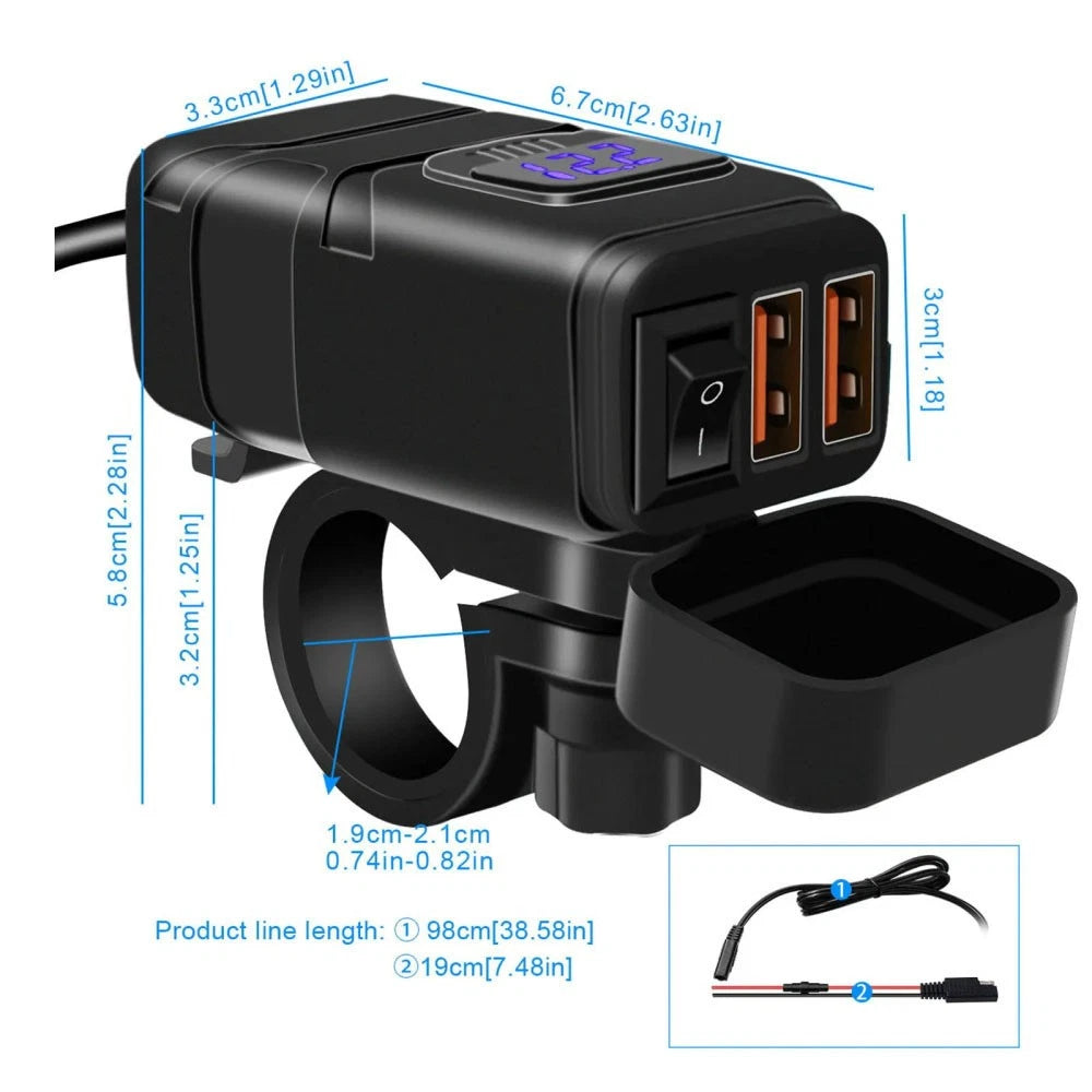 Dual USB Fast Charger Adapter with Voltmeter for Motorcycle (12V)
