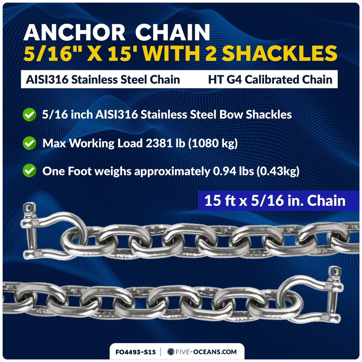 5/16" x 15' Boat Anchor Chain with 2 Shackles for Marine Use (HTG4)