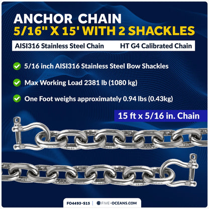 5/16" x 15' Boat Anchor Chain with 2 Shackles for Marine Use (HTG4)