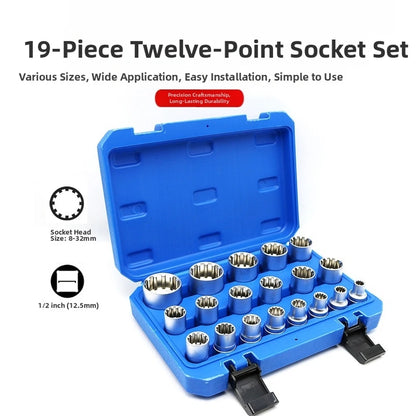 19-Pc 1/2 Inch Drive 12 Point Socket Set Chrome Vanadium Steel 8mm-32mm